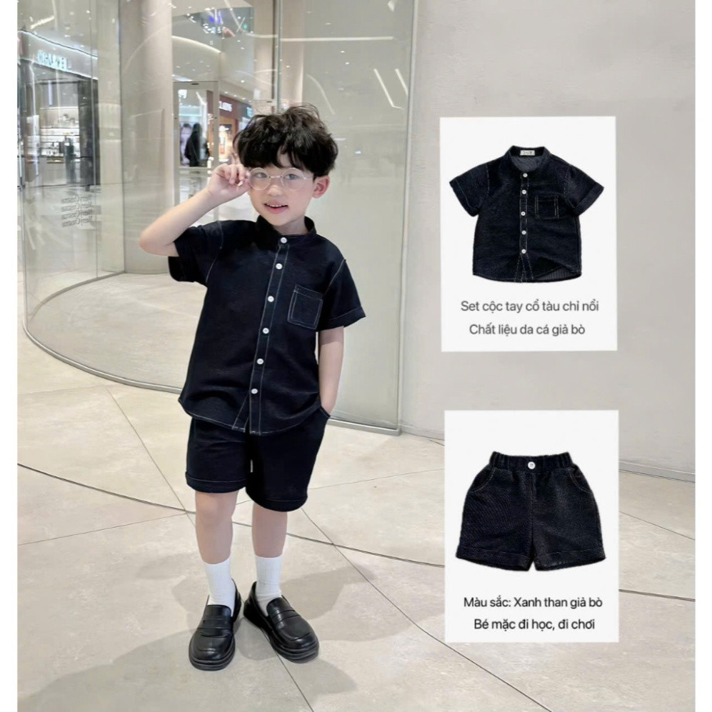 ชุดเสื้อคอปกแขนสั้นผ้ายีนส์เทียมเนื้อนุ่มสําหรับเด็กผู้ชาย (5056HB) RKF