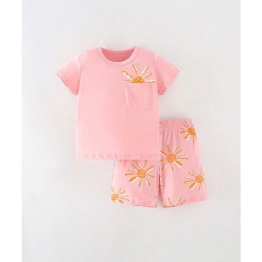 ชุดเสื้อยืดผ้าคอตตอนลายแดดสําหรับเด็กผู้หญิงพร้อมกระเป๋าหน้าอกสินค้าระดับไฮเอนด์จากกวางโจว(9507) RKF