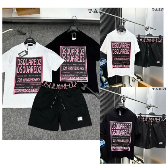 DSQ DSQQUARED2 ผู้ชายและผู้หญิง BOY Summer Street แขนสั้นเสื้อผ้าชุด, DSQ Moss สีเขียวรอบคอ Hot tren