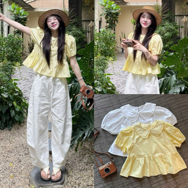 (OLDSCHOOL PHOTO) Samtitclothing MA596 เสื้อเชิ้ตเบบี้ดอลล์ใบบัวแขนพัฟสั้น