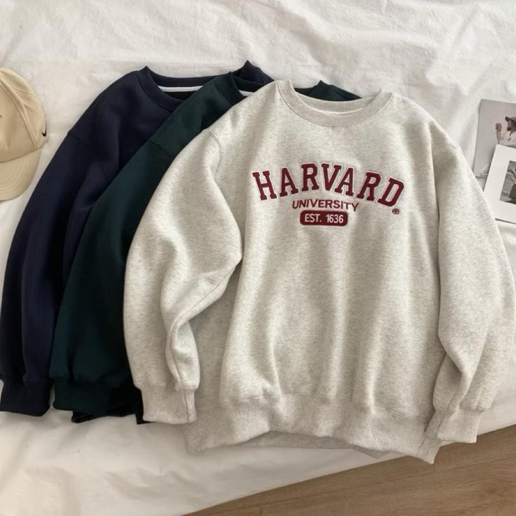 HARVARD Cotton Fleece เสื้อสเวตเตอร์ทรงหลวมสําหรับผู้ชายและผู้หญิง