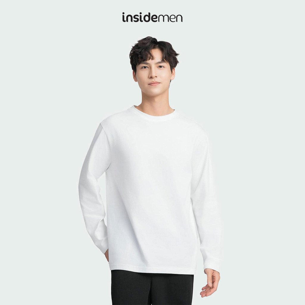 INSIDEMEN เสื้อยืดแขนยาวผู้ชายคอกลม ผ้าคอตตอน 100% อ่อนเยาว์และชาย สไตล์เกาหลี ILT016W3