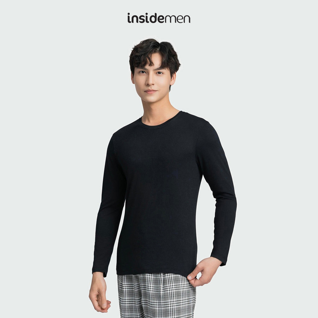 Insidemen เสื้อยืดคอกลมแขนยาวสําหรับผู้ชายสีดําล้วนเข้ารูป ILT021W3