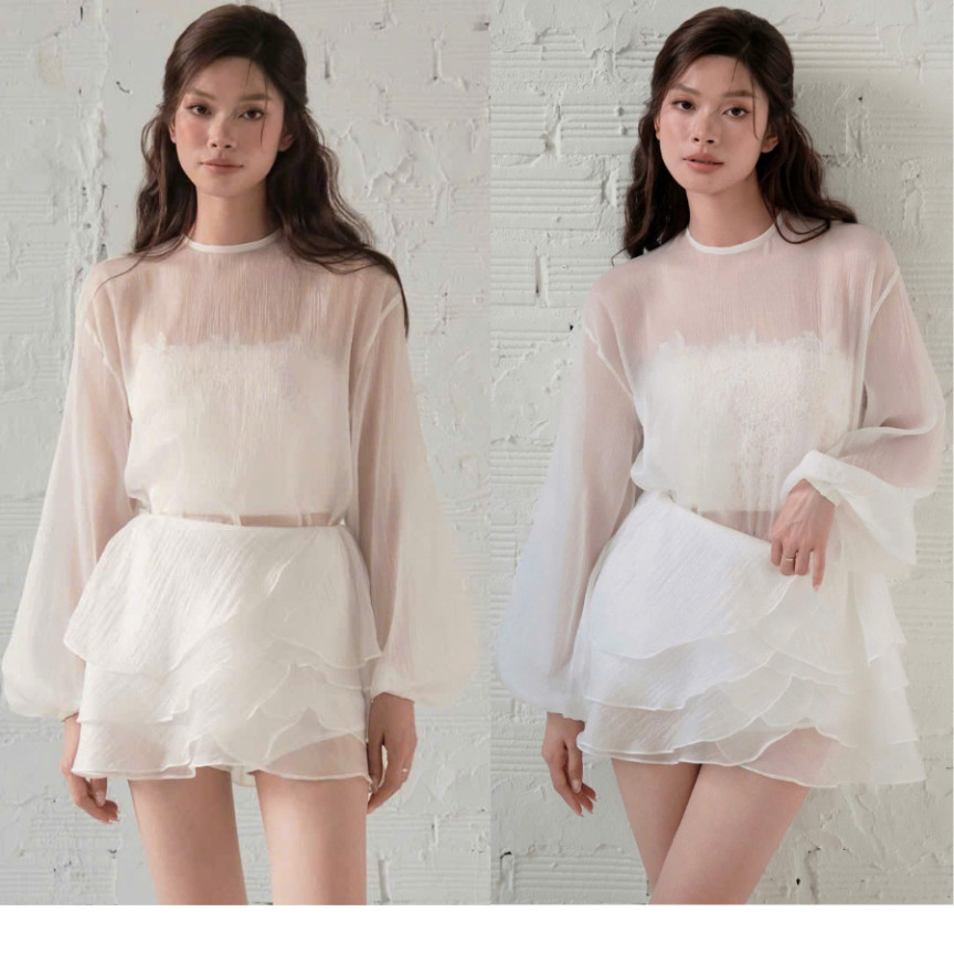 KANGSOOSTORE เสื้อคอกลมแขนยาว + ชุดกระโปรงชั้นเร้าใจ (มีลูกไม้ Crotop) SKS25 SYH59