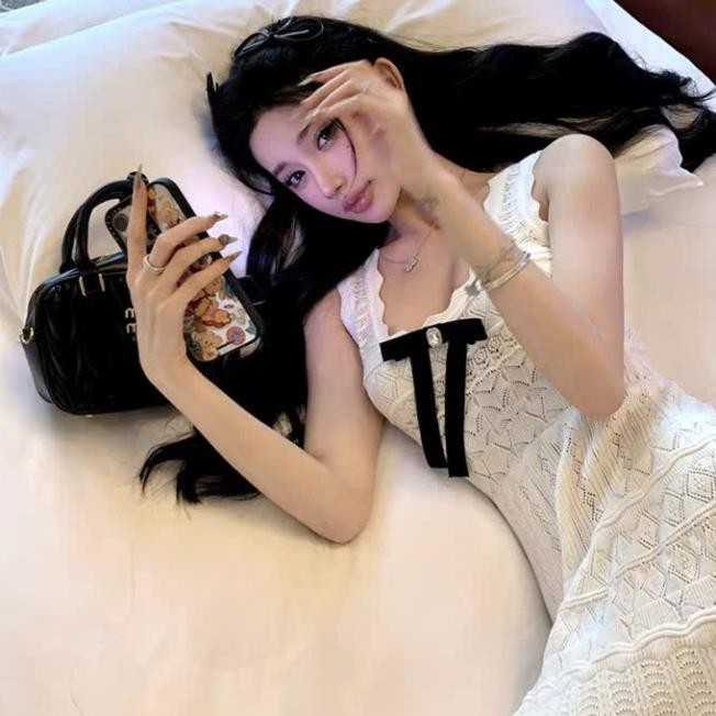 เดรสปาร์ตี้สุดหรู เดรสลูกไม้ถักสายยางยืด 2 เส้น และผูกโบว์ N174(Z6)