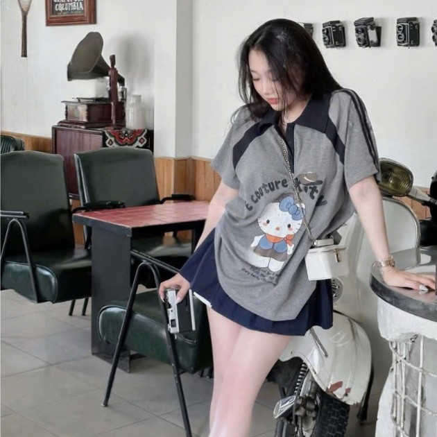 ชุดเสื้อยืดกระโปรง ชุดเสื้อพิมพ์ลายแมวคอปกผ่าผสมกระโปรง ค661(Z2)