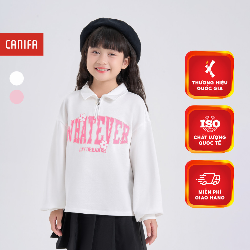 CANIFA เสื้อโปโลเด็กผู้หญิงพิมพ์ลายคอปกและแขนยาว 1TP24C002