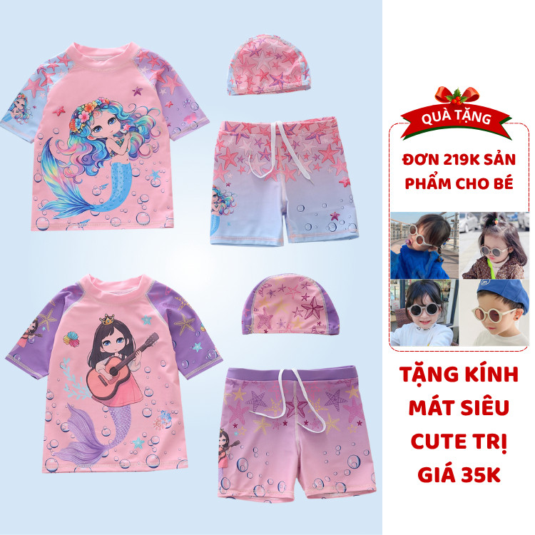 ชุดว่ายน้ําสําหรับเด็กผู้หญิงเสื้อผ้าชายหาดสาวบิกินี่ด้านบนกางเกงขาสั้นลายนางเงือกพร้อมหมวกว่ายน้ํา 