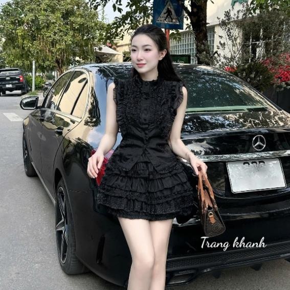 ชุดผู้หญิง ชุดเข้าเซท ชุดผ้าไหมแต่งระบาย เสื้อกล้ามและกระโปรงชั้นๆ ค820(Z6)