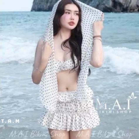 ชุดบีชแวร์ผู้หญิงชุดบิกินี่สามชิ้นพร้อมกระโปรงด้านบนและชั้นพร้อมผ้าพันคอ ล555 NT