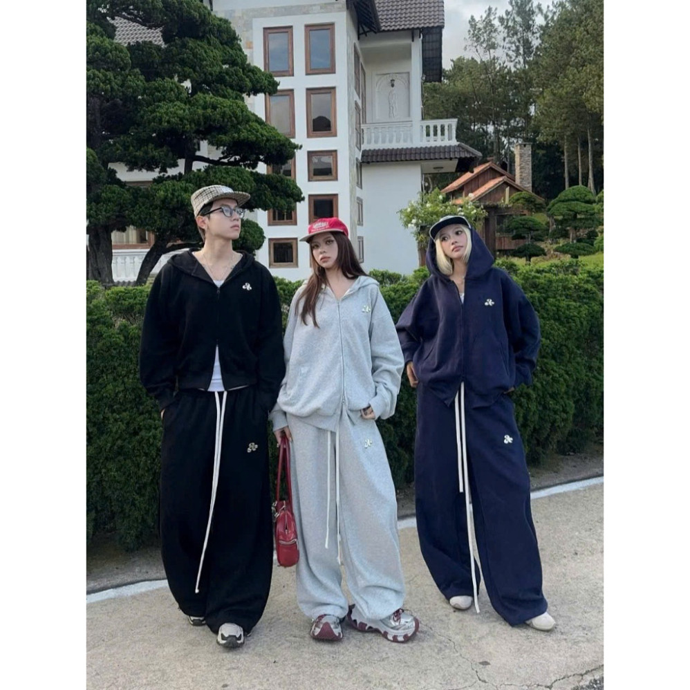 ชุดผ้าสักหลาด VER 2 BOXY HOODIE ZIP JACKET, KUMI A-Letter PRINTED HOODIE SET, HOODIE Flannel JACKET