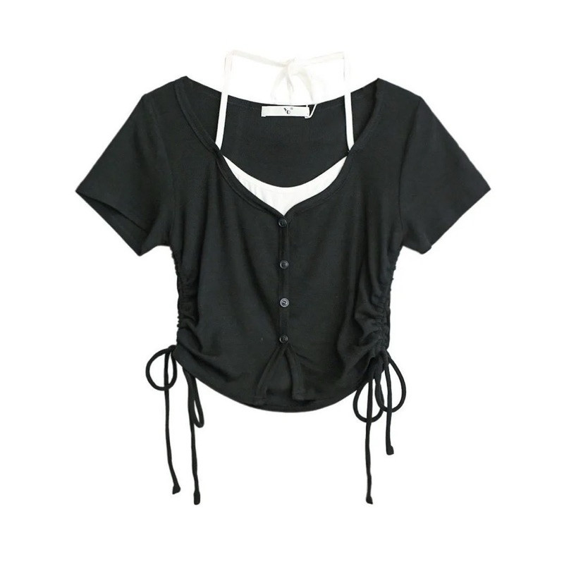 CROPTOP DRAWN เสื้อยืดเอี๊ยมพร้อมถั่ว MOI KL3