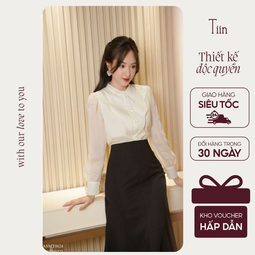 TINSTORE เสื้อคอปกสีครีมคอเครื่องร่อน AHD1000