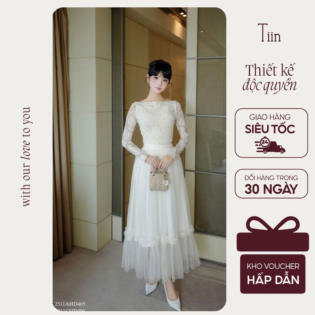 TINSTORE เสื้อลูกไม้ผู้หญิงดีไซน์คอเรือและดอกไม้ผสมผสานกับกระโปรงตาข่ายบานยาวหรูหราสําหรับปาร์ตี้ 25