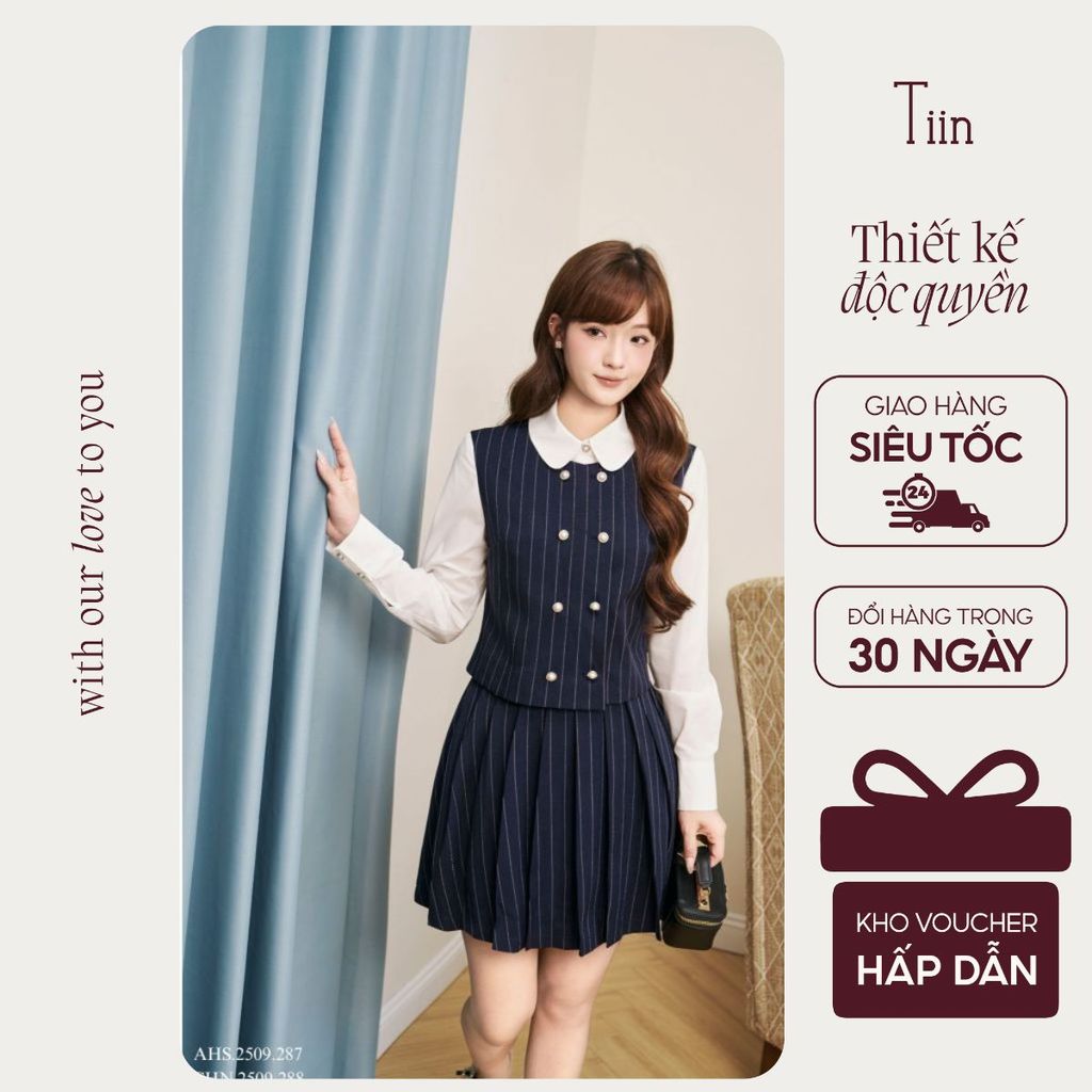 TINSTORE เสื้อเบลาส์ผู้หญิงดีไซน์คอปกเสื้อเชิ้ตหรูหราและกระโปรงจีบสั้น AHD.2509.287 CHN.2509.288