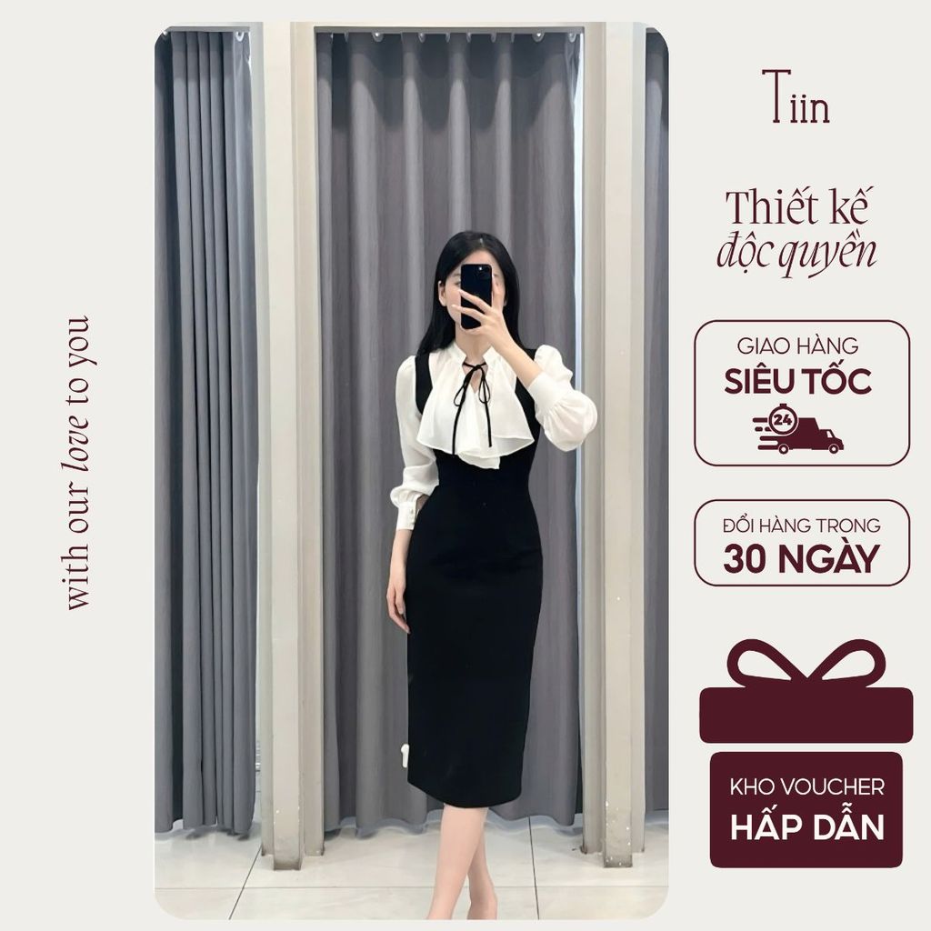 TINSTORE เดรสคอระบายผูกโบว์ดินสอผ่าหลัง VHD1162