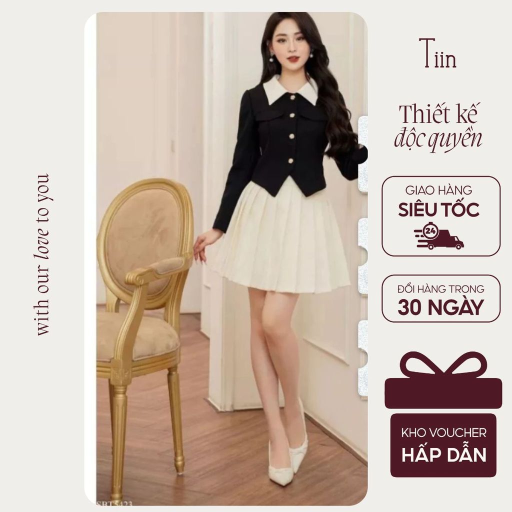 TINSTORE เสื้อเชิ้ตคอปกผู้ชายมีกระเป๋าพนัง 2 ช่อง x กระโปรงจับจีบผูกโบว์ ADD970 CDN307