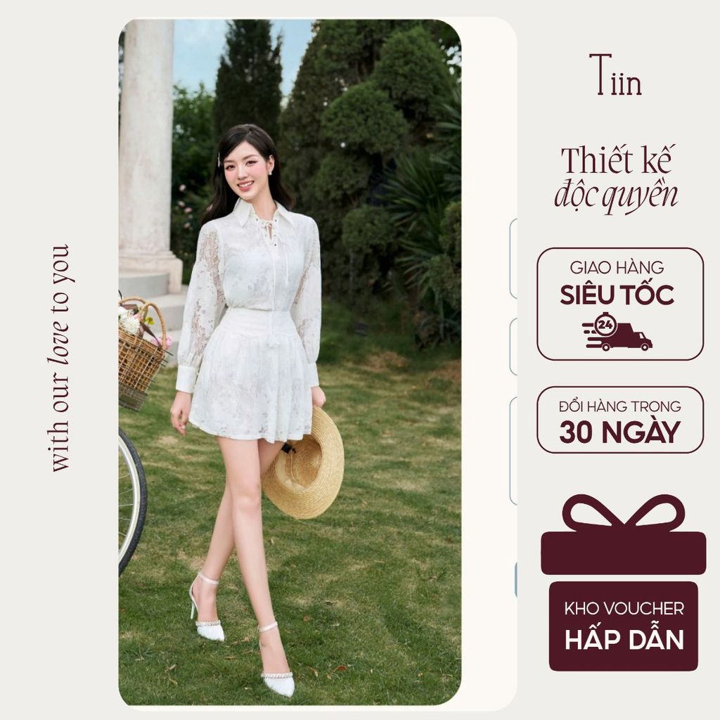 TINSTORE เสื้อคอปกเยอรมันดีไซน์ผูกโบว์และกระโปรงขอบเอวบาน AHD.2504.150 CHN.2504.151