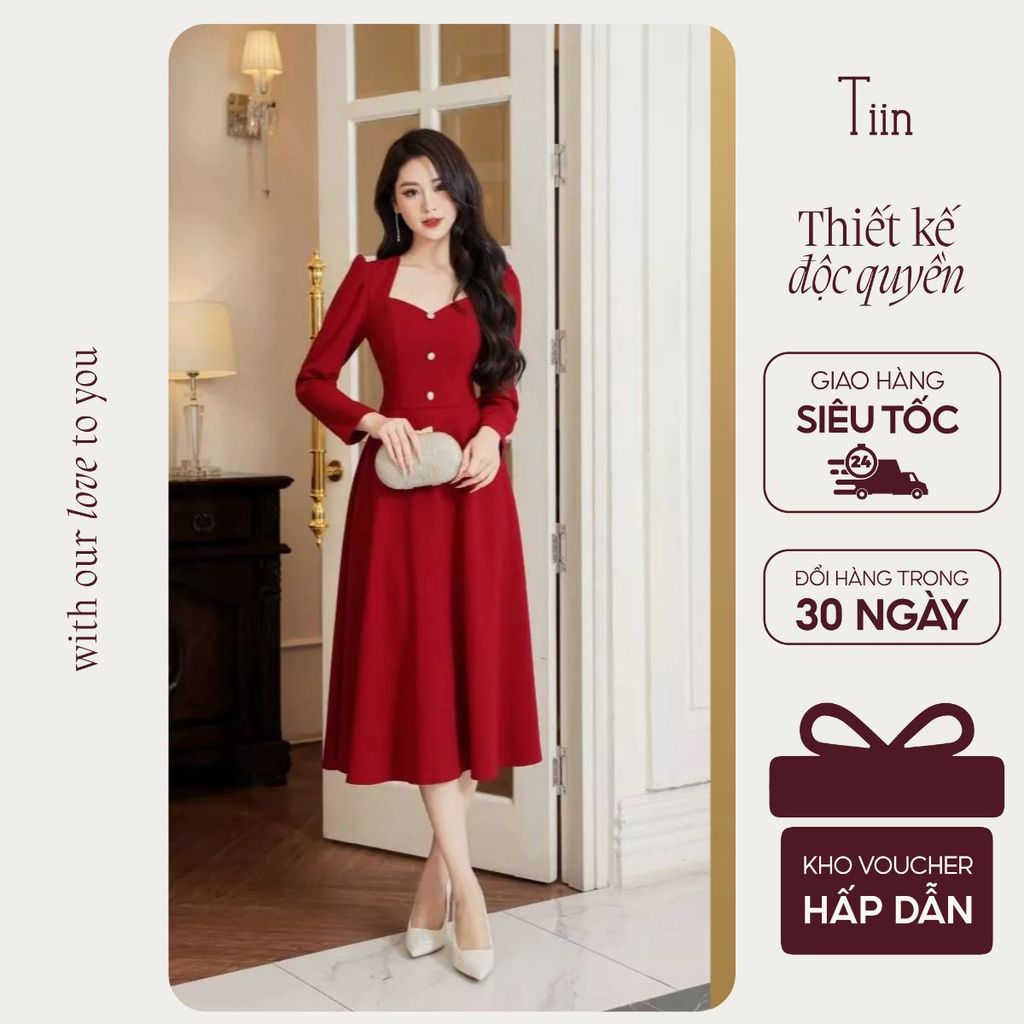 TINSTORE เดรสคอเหลี่ยมแขนยาวสีแดง VHD1013