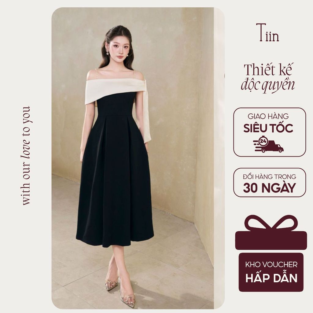 TINSTORE ชุดเดรสปาร์ตี้ผู้หญิงหรูหราดีไซน์ด้วยโซ่เปิดไหล่ 2 เส้นและผูกโบว์ VHN.2503.076