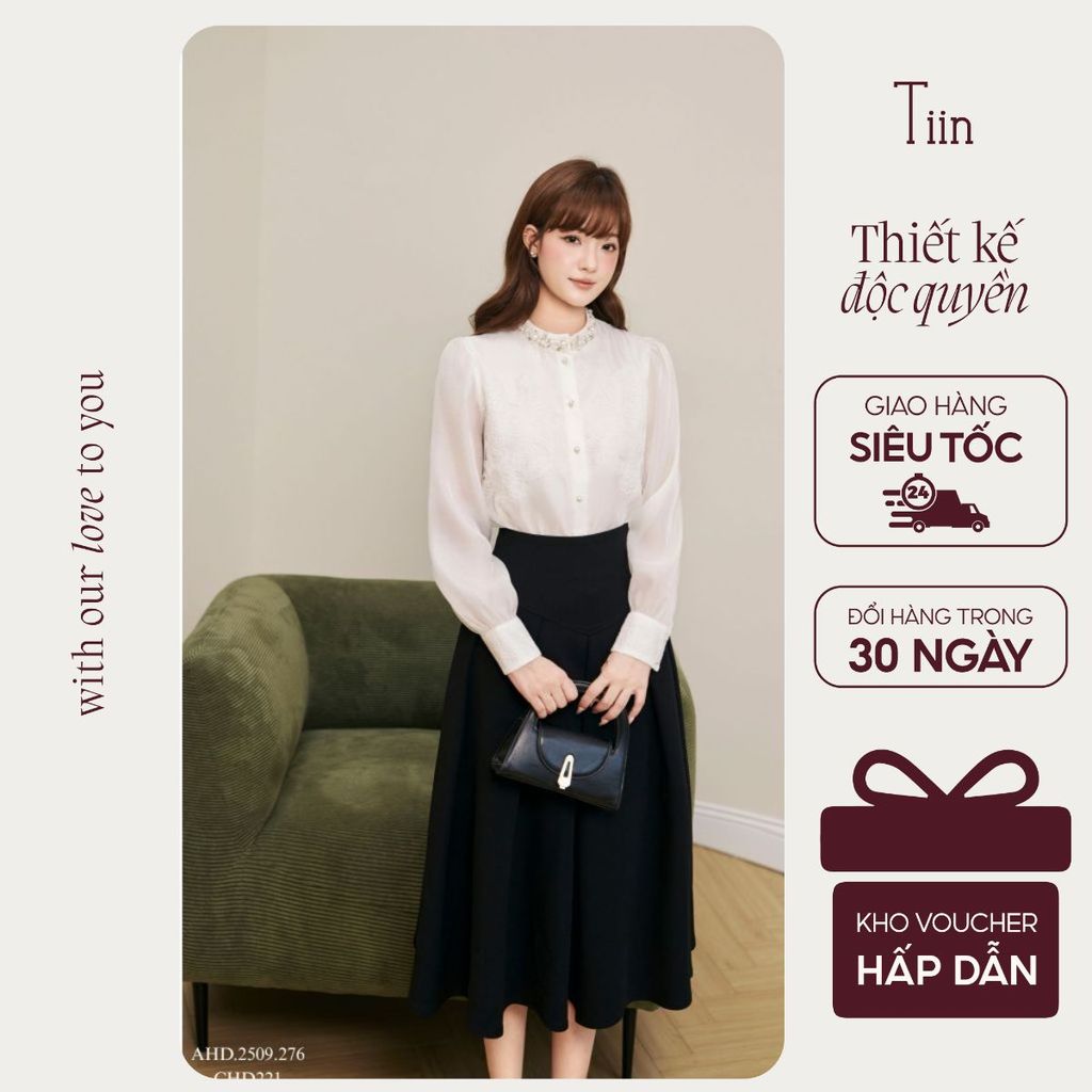 TINSTORE เสื้อเชิ้ตออฟฟิศผู้หญิงหรูหราหรูหราดีไซน์คอเต่าแต่งขอบลูกไม้ AHD.2509.276