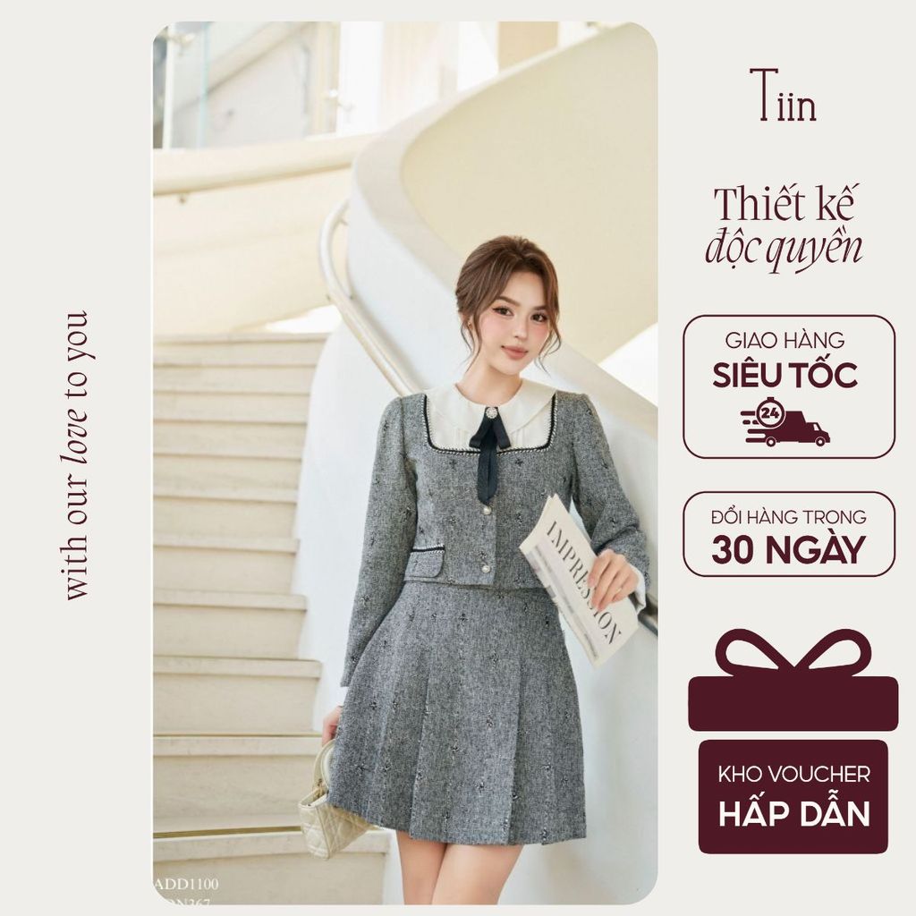 TINSTORE เสื้อเบลาส์ผู้หญิงคอปกโบว์และกระโปรงจีบเลดี้เหมือน ADD1100 CDN367