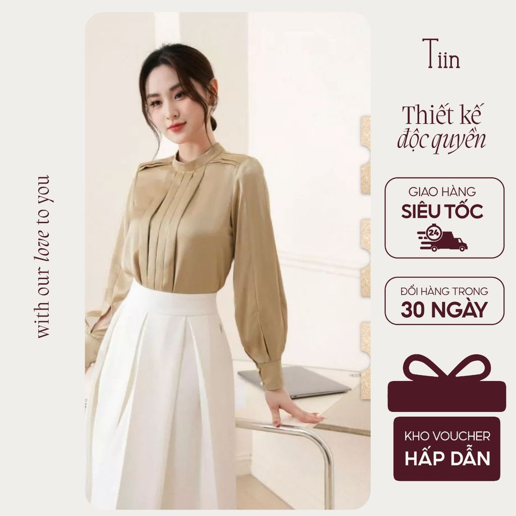 TINSTORE เสื้อคอเต่าจับจีบสีน้ําตาลสีบรอนซ์ แขนผ่า AHD1005