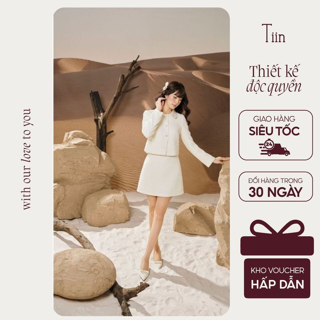 TINSTORE ชุดราตรีผ้าทวีตออกแบบด้วยใบไม้และคอปกหินรวมกับกระโปรงทรงเอเรียบหรู 2512ADK452 2512CDN453