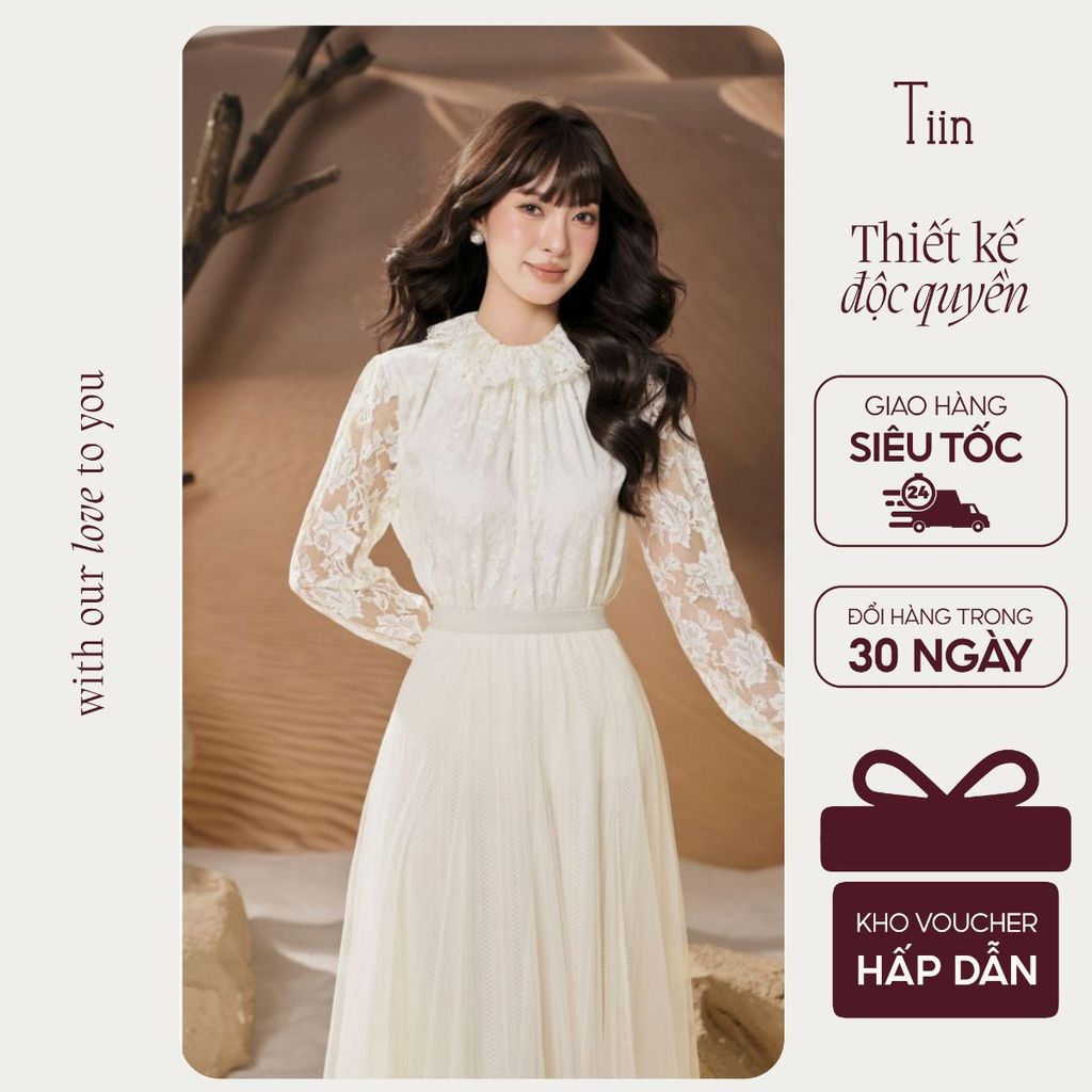 TINSTORE เสื้อลูกไม้ผู้หญิงคอระบายแขนบานหรูหราและสง่างาม 2511AHD410