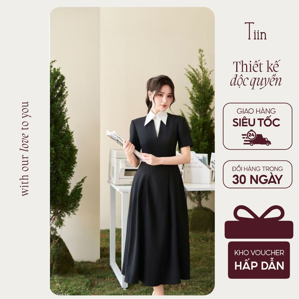 TINSTORE ชุดเดรสผู้หญิงดีไซน์คอวียาวและคอปกเยอรมันหลวมหรูหราและอ่อนเยาว์สําหรับออฟฟิศ VHS.2503.045