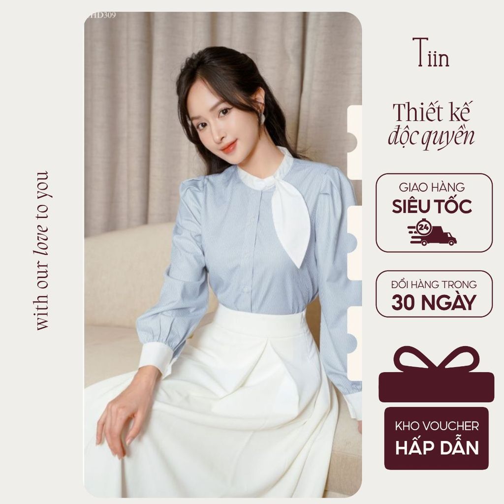 TINSTORE เสื้อเชิ้ตคอปกและแขนโบว์ AHD852