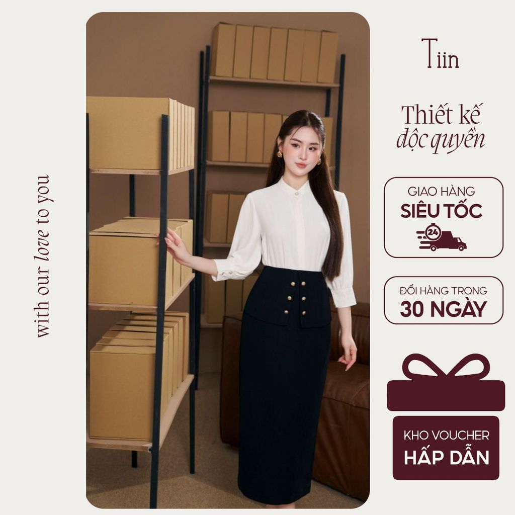 TINSTORE เสื้อเชิ้ตดีไซน์คอปกและกระดุมซ่อนแขนหลวม AHD.2504.123