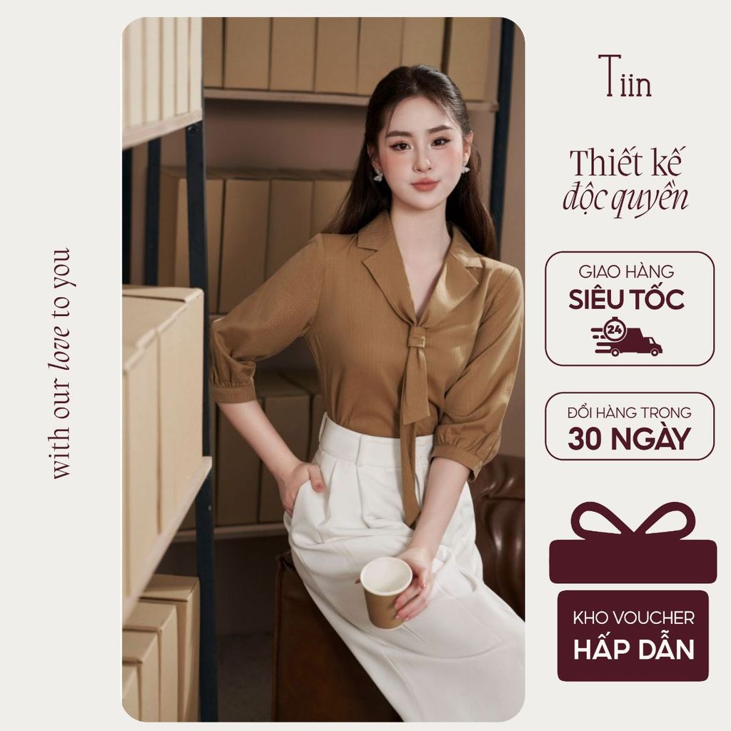 TINSTORE เสื้อเชิ้ตผู้หญิงคอปก 2 ปกผูกโบว์แขนสั้น AHD.2504.130