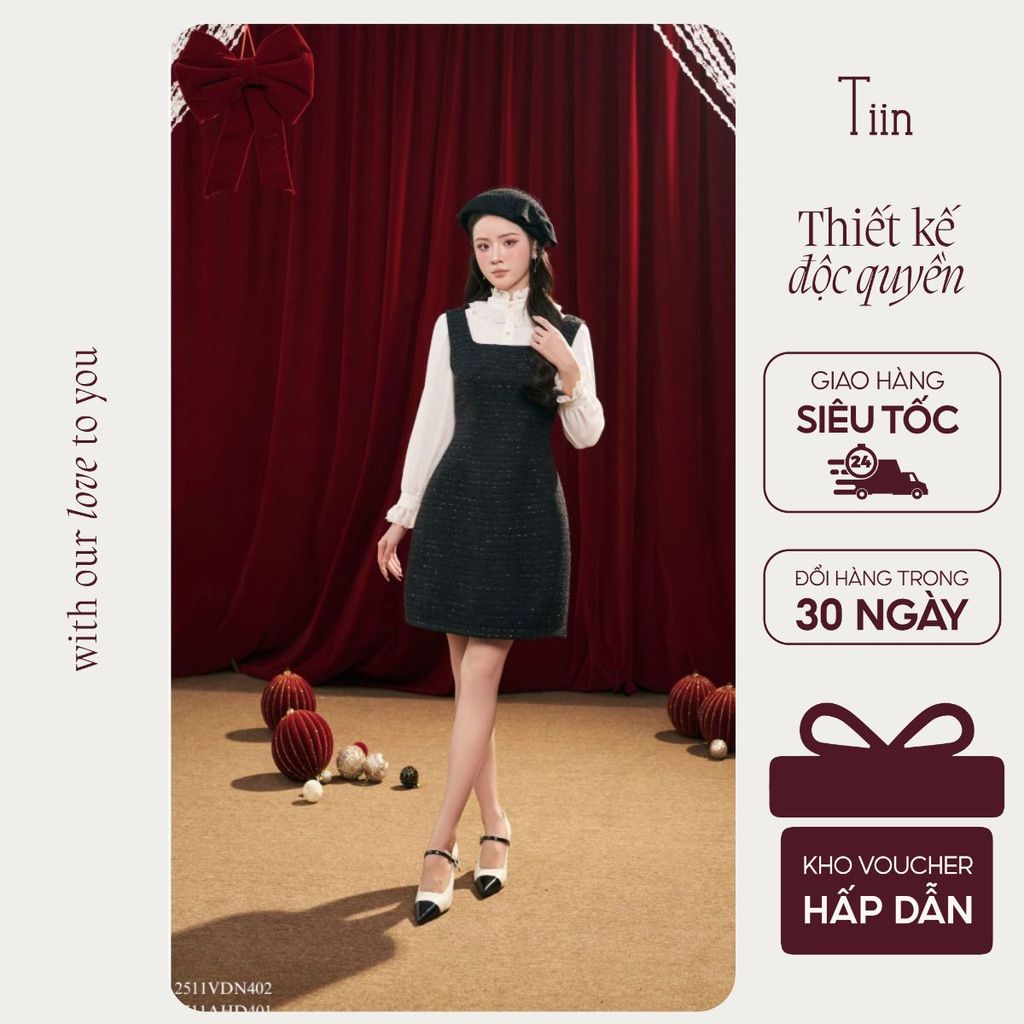 TINSTORE ชุดราตรีผ้าทวีตคอเหลี่ยมทรงเอพร้อมเสื้อคอเต่าจับจีบหรูหราและสง่างาม 2511VDN402 2511AHD401