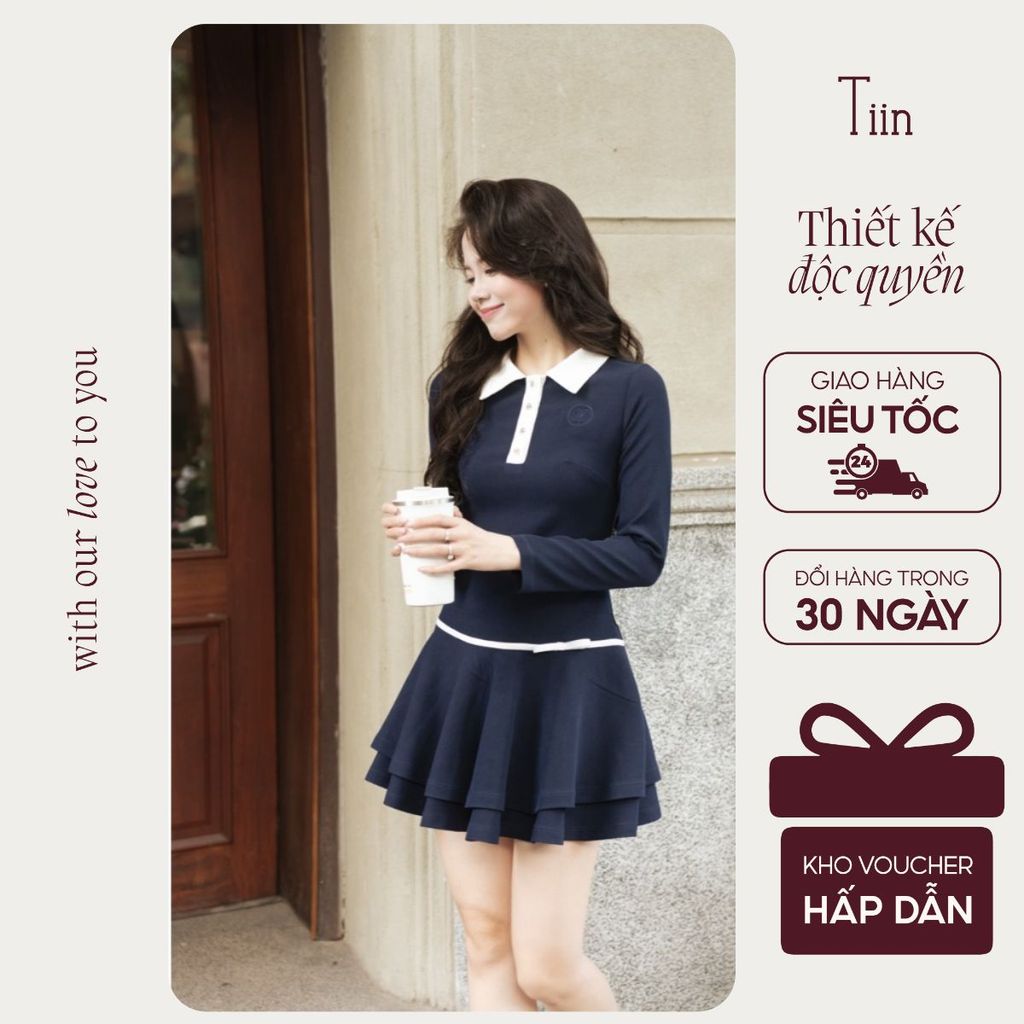 TINSTORE เดรสผู้หญิงหรูหราหรูหราหรูหรา ดีไซน์คอโปโล ผ้าวูล 2 ชั้น เข็มขัดคาดเอว VDD.2509.286