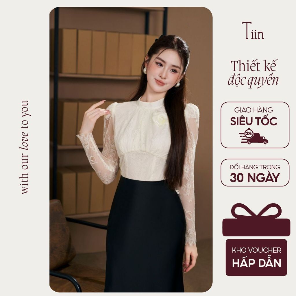 TINSTORE เสื้อลูกไม้ผู้หญิงดีไซน์คอเต่าไหล่หรูหรายักหน้าสําหรับงานปาร์ตี้สํานักงานผู้หญิง AHD.2503.0