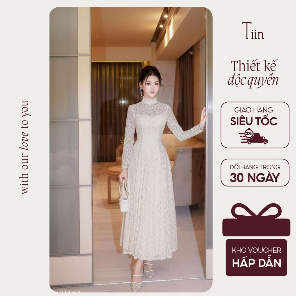 TINSTORE ชุดเดรสปาร์ตี้ลูกไม้ดีไซน์คอเต่าและทรงบานเรียบหรู 2512VDD459