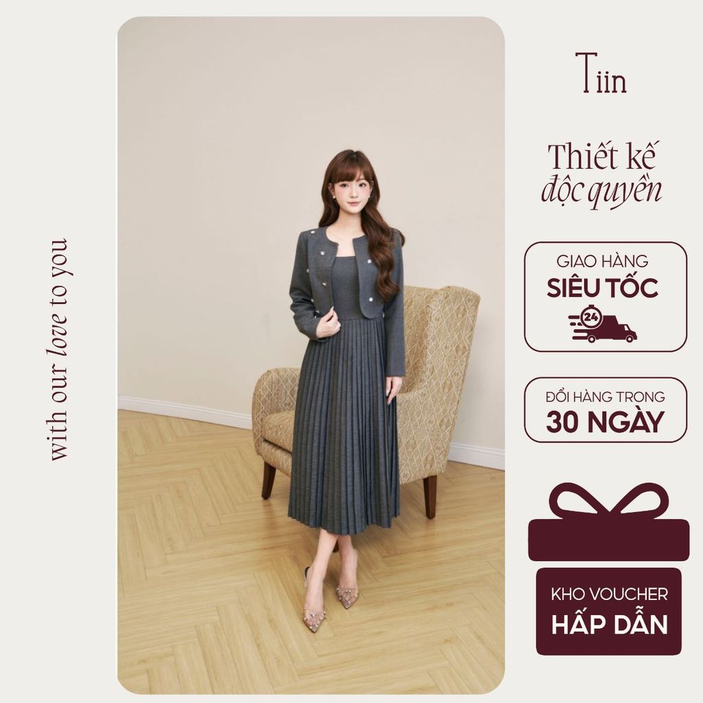 TINSTORE เสื้อแจ็คเก็ตสั้นดีไซน์คอกลมและพลอยเทียมผสมผสานกับเดรสคอเหลี่ยมเรียบหรูและเป็นผู้หญิง ADK.2