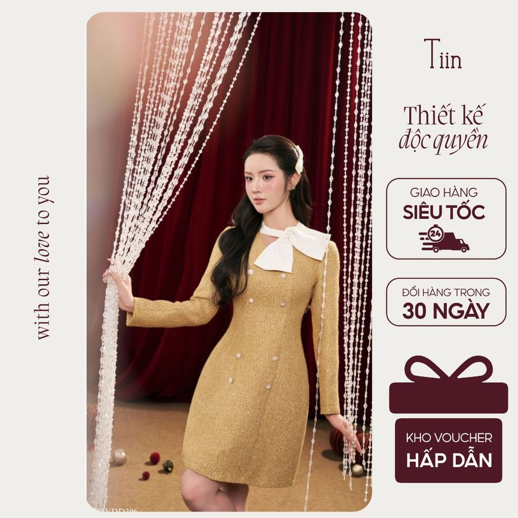 TINSTORE ชุดเดรสผู้หญิงดีไซน์คอปกโบว์ทรงเอผ้าทวีตสํานักงานหรูหราหรูหราหรูหรา 2511VDD396