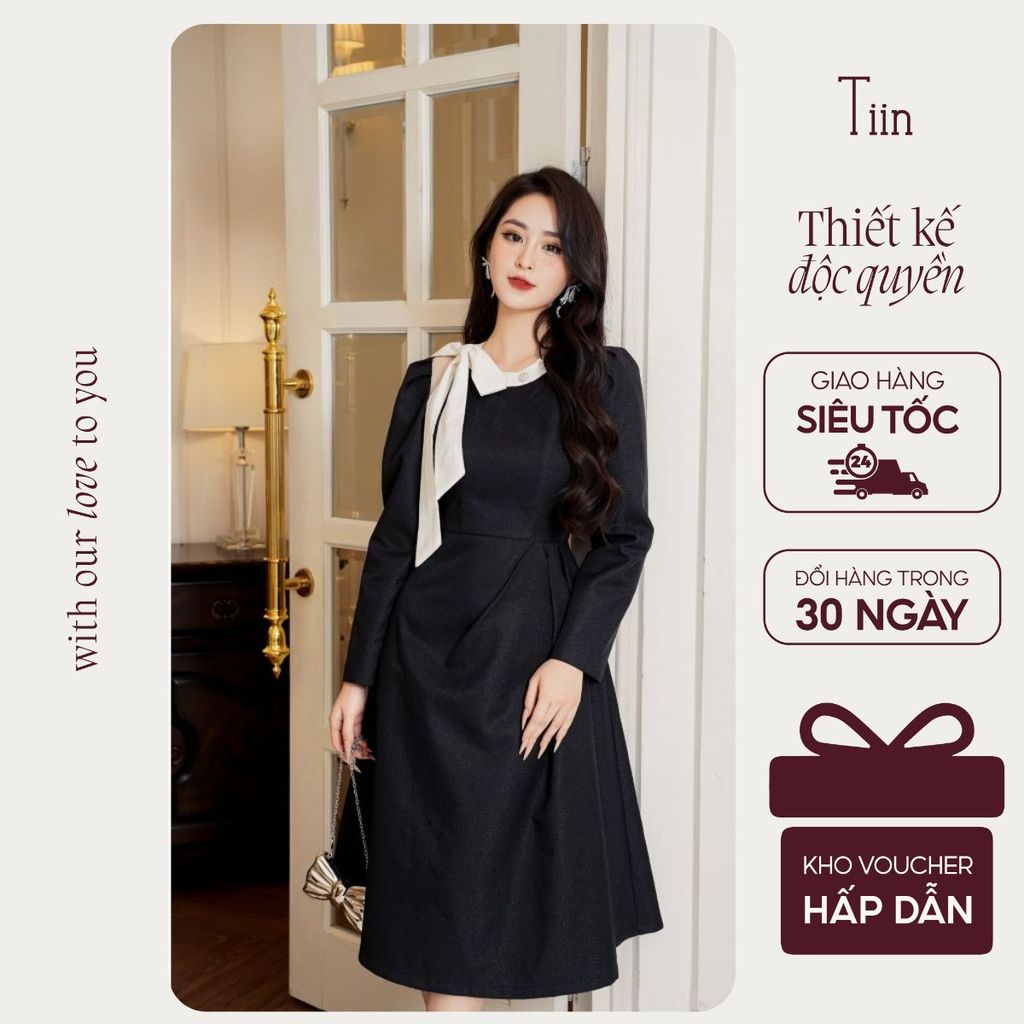 TINSTORE เดรสผูกคอผูกโบว์ขาวดํา VDD1026