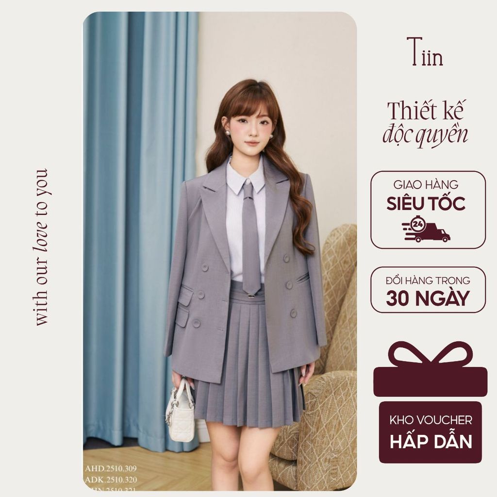 TINSTORE เบลเซอร์สํานักงานผู้หญิงหรูหราออกแบบด้วยพนังกระเป๋า 3 ใบ คอปกตรง ปก 2 ใบ ADK.2510.320