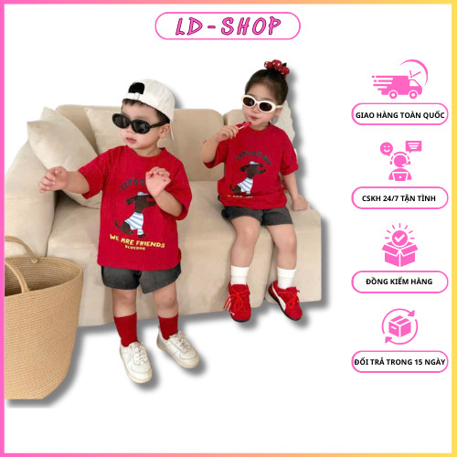 Bluedog เสื้อยืดสีแดง ชุดผสมกางเกงขาสั้นยีนสีดํา ทรงสวย สําหรับเด็ก - ldshop98