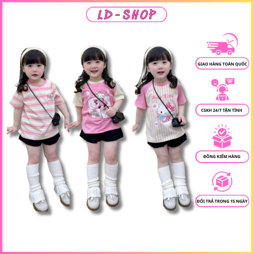 ชุดเสื้อยืดลายทาง hello kitty สีชมพูและสีเบจ 3 ชิ้นทําจากผ้าฝ้ายเนื้อนุ่มเย็นสําหรับเด็กผู้หญิง - ld