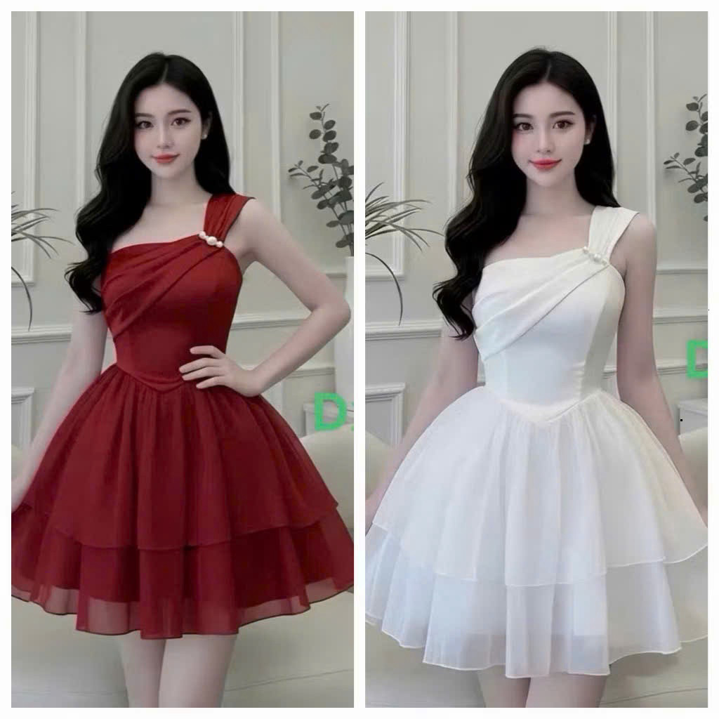 Bechic Beaded Cross-Shoulder Party Dress – Tafa Flared Short Dress (แดง/ขาว) SHOPTINAFASHION