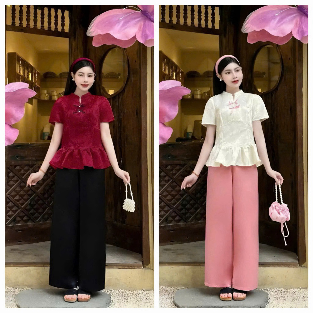 Elegant Set เสื้อเบลาส์ผ้าคอเต่าและโบว์ดํา แขนสั้น ทรงพ้วย และกางเกงขาสั้นกํามะหยี่มีกระเป๋า - Shop 