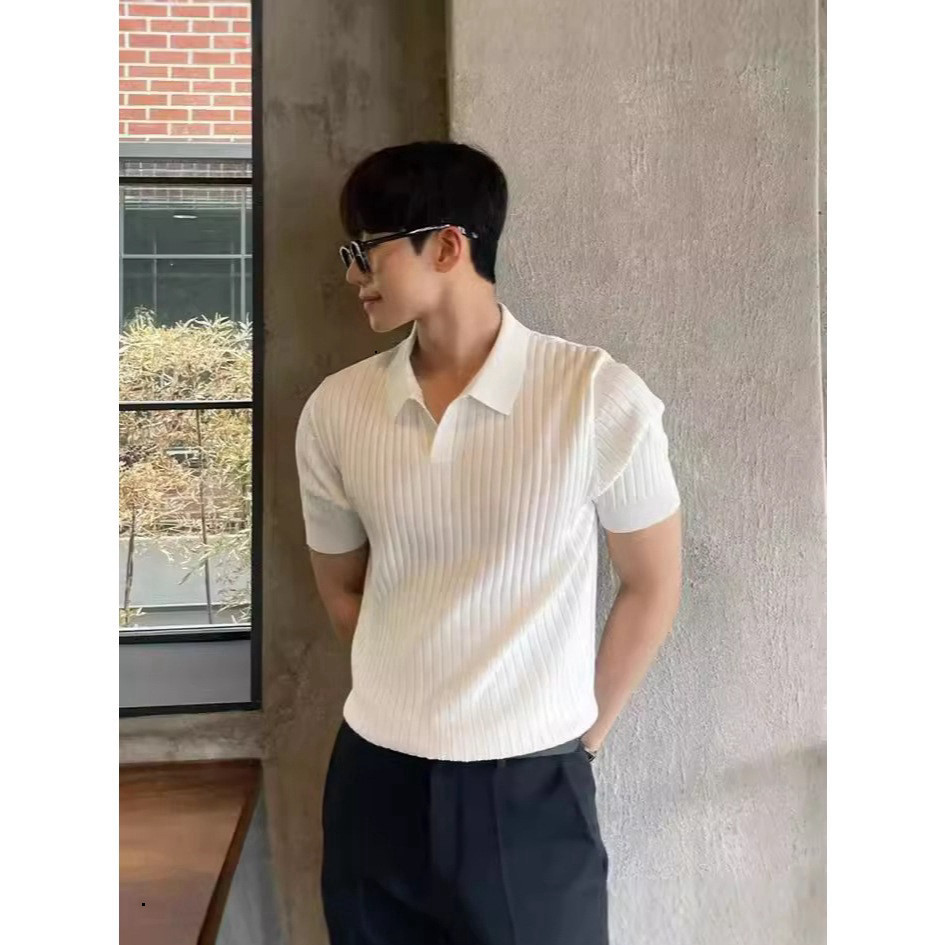 เสื้อเชิ้ตผู้ชายคอวี PoLo แฟชั่นผ้ายืดผ้าฝ้าย