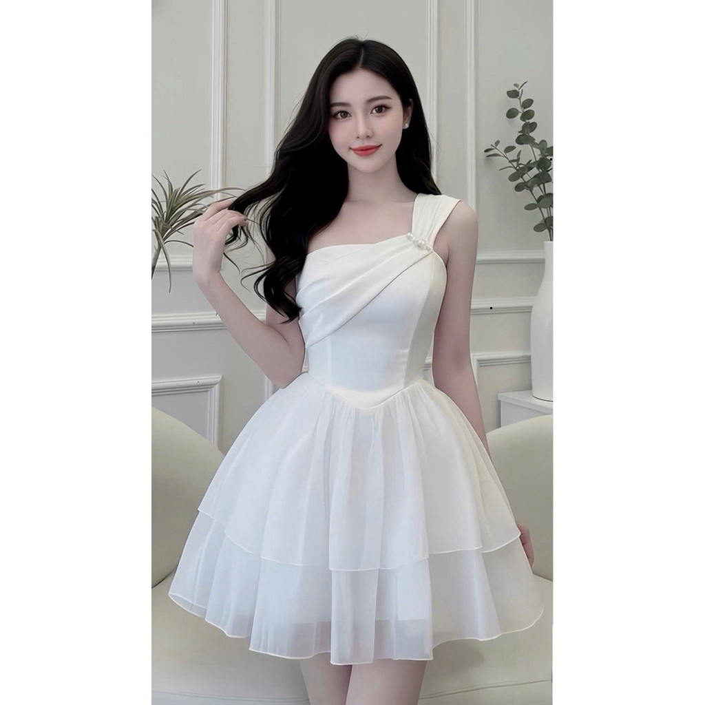 Bechic Beaded Cross-Shoulder Party Dress – Tafa Flared Short Dress (แดง/ขาว) ShopNiNi