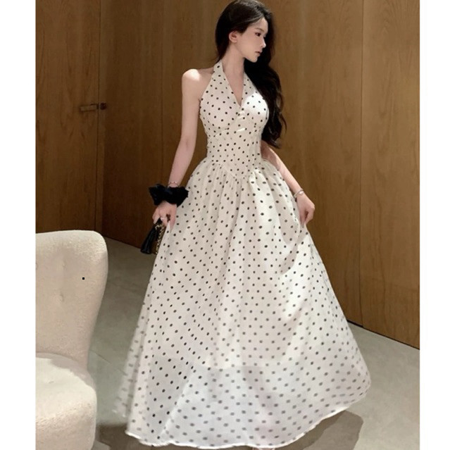 DCB1 EXTREMELY BEAUTIFUL Y2K เดรสผ้าชีฟองลายจุดคอปกสายเดี่ยวสําหรับออกไปข้างนอก ไปเที่ยวทะเล และการเ