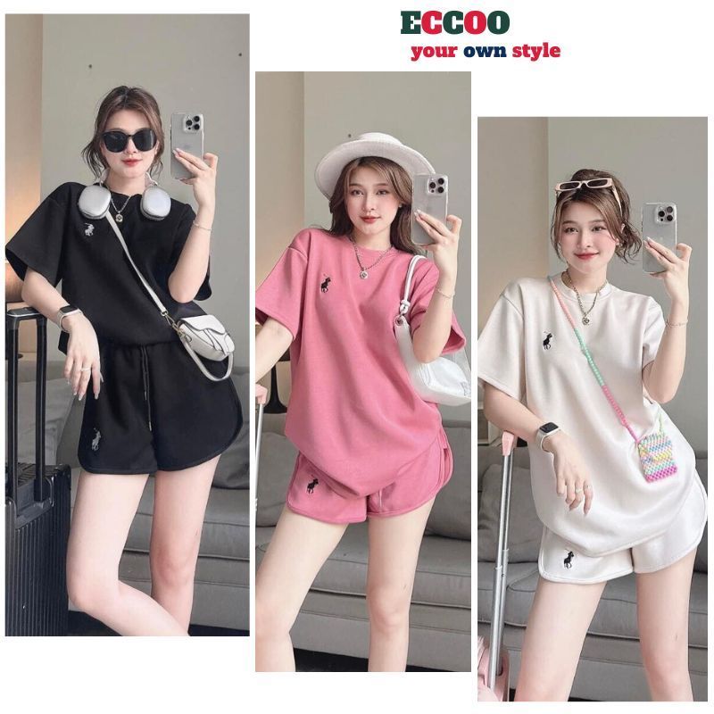 ชุดเสื้อยืดปักม้า + กางเกงขาสั้นโพลีเนื้อนุ่ม มีไซส์ S,M,L,XL