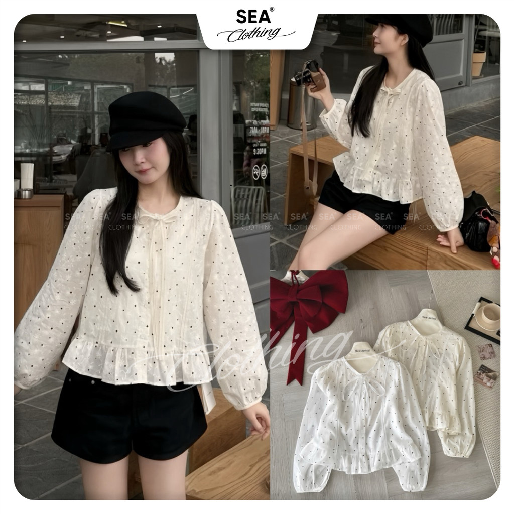 [ SEA SERIES 1 ] เสื้อเชิ้ตผ้าหยาบปักลายดอกไม้ลายจุด คอกลม แขนยาว โบว์ลูกไม้ Tami Top -A6225